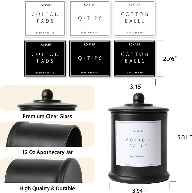 Ronasip Qtip Holder & Cotton Pad Dispenser, Bathroom Organizer and Storage Canisters, 16oz Glass Apothecary Jars for Kitchen, Restroom - Home Decor Accessories, Room Decor Aesthetic (2 Pack, Black) - Image 5